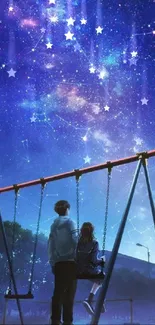 Silhouette of figures on swing under a starry night sky.