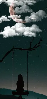 Silhouette of girl on swing under moonlit night sky.