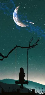 A silhouette of a girl on a swing under a starry night sky with a crescent moon.