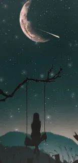 Silhouette on a swing under a starry sky with a crescent moon and shooting star.