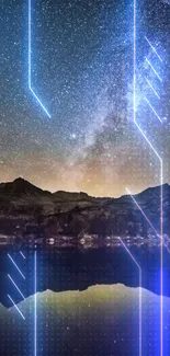 Starry night sky with digital tech lines over mountains.