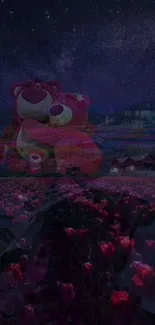 Whimsical teddy bears under starry sky with tulips in the foreground.