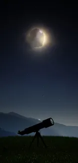 Telescope silhouette under a starry night sky with a glowing moon.