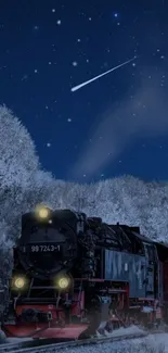 Vintage train under starry night sky with shooting stars.