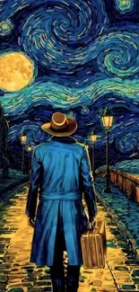 Person under starry sky, carrying suitcase, with lamplights lining path.