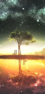 Tree reflected in glowing water under starry sky wallpaper.