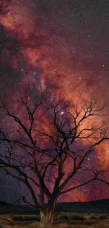 Silhouetted tree with starry night sky and galaxy backdrop.