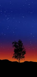 Silhouetted tree against a starry blue to orange gradient night sky.