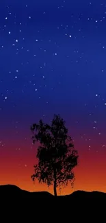 Starry night sky with silhouetted tree in vibrant gradient.