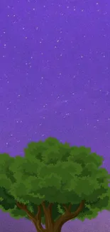 Starry night sky with a green tree and purple background.