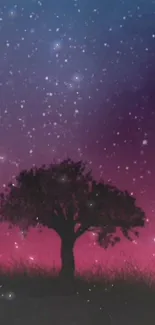 Silhouette of a tree under a starry, vibrant night sky with purple and pink hues.