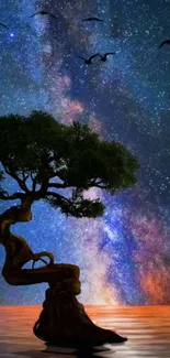 Mystical tree under a starry night sky with cosmic colors and tranquil water reflections.