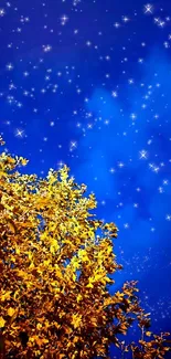 Golden tree under a starry blue night sky mobile wallpaper.