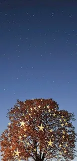 Tree with glowing stars under a dark blue starry sky.