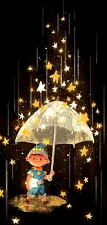 Child with umbrella surrounded by glowing stars on a black background.