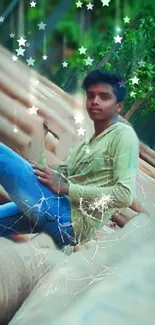 Young man in greenery, stars, cracked glass effect.