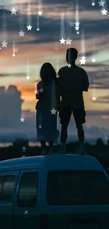 Silhouetted couple on van under starry night sky.