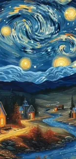 Starry night village scene with swirling sky in vibrant colors.