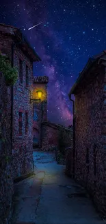 Starry night illuminating a rustic village pathway.