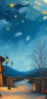 Serene village under a starry night sky with a moonlit bridge and rustic houses.