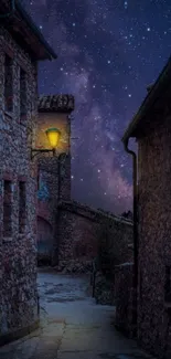 Village street under a starry night sky, with a glowing street lamp.