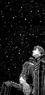 Warrior gazing at the star-filled sky, clad in armor, against a black backdrop.