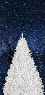 White Christmas tree against a starry night sky wallpaper.