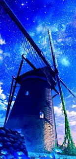 A windmill under a starry night sky with a galaxy view for mobile wallpaper.