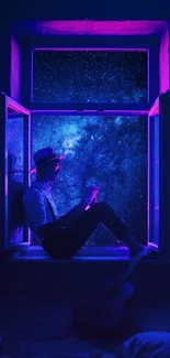 Silhouette by window with a starry night sky and blue, purple hues.