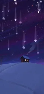 Snowy hill with cabin and starry sky wallpaper.