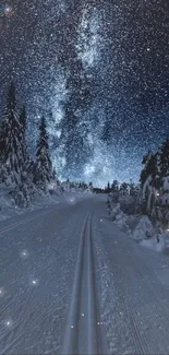 Snowy road under starry night sky with pine trees.