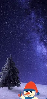 Snowman under a starry night sky with a snowy tree.