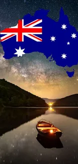 Starry night lake view with Australia map in dark blue sky.