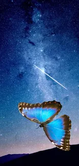 Blue butterfly with starry night sky on mobile wallpaper.