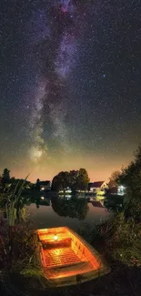 Starry sky above a glowing boat on a tranquil river.