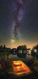 A glowing boat on a lake under a starry sky.