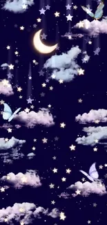 Dreamy starry night wallpaper with butterflies and clouds.