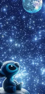 Cute alien gazes at starry sky and moon, enchanting mobile wallpaper.