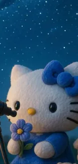 Cute plush kitten stargazing with telescope under night sky.