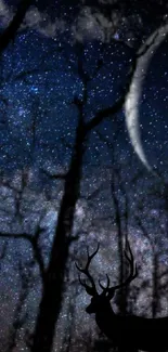 Starry sky with crescent moon and deer silhouette wallpaper.