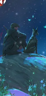 Person with dog under a starry night sky on a rocky landscape.