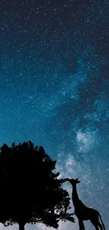 Giraffe silhouette under starry night sky.