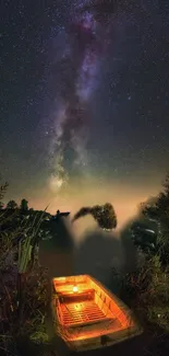 Starry sky with a glowing boat on the lake.