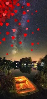 Starry sky with red hearts over a peaceful lake.