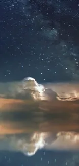 Starry night sky with lightning over reflective water wallpaper.