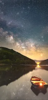 Starry night sky with a lone boat reflecting on the tranquil water surface.