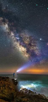 Milky Way over ocean cliff at night with stars.