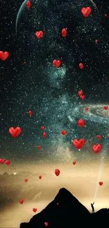 Starry night wallpaper with red hearts floating in a cosmic sky.