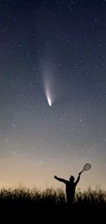 Silhouette under a starry sky with shooting star and tennis racket.