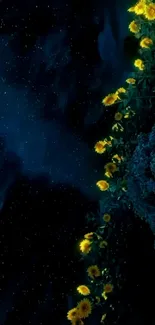 Dark starry sky with glowing yellow sunflowers cascading.